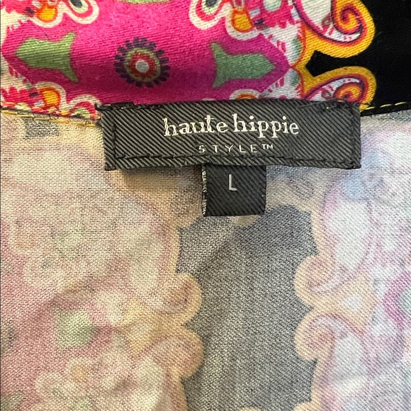 Haute Hippie geometric medallion block print wrap front long sleeve top. Size LG - Picture 2 of 9